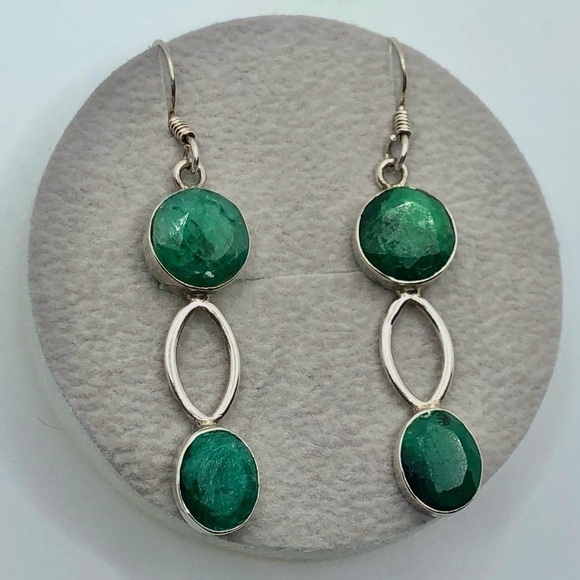 STERLING & Emerald Infinity Twist Design Hook Earring 2” / Vintage - Picture 1 of 6